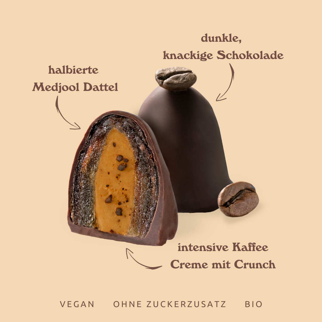 Das ist in unserer Espresso Crunch Dattelpraline: Medjool Dattel, dunkle Schokolade, Kaffee Creme mit Crunch
