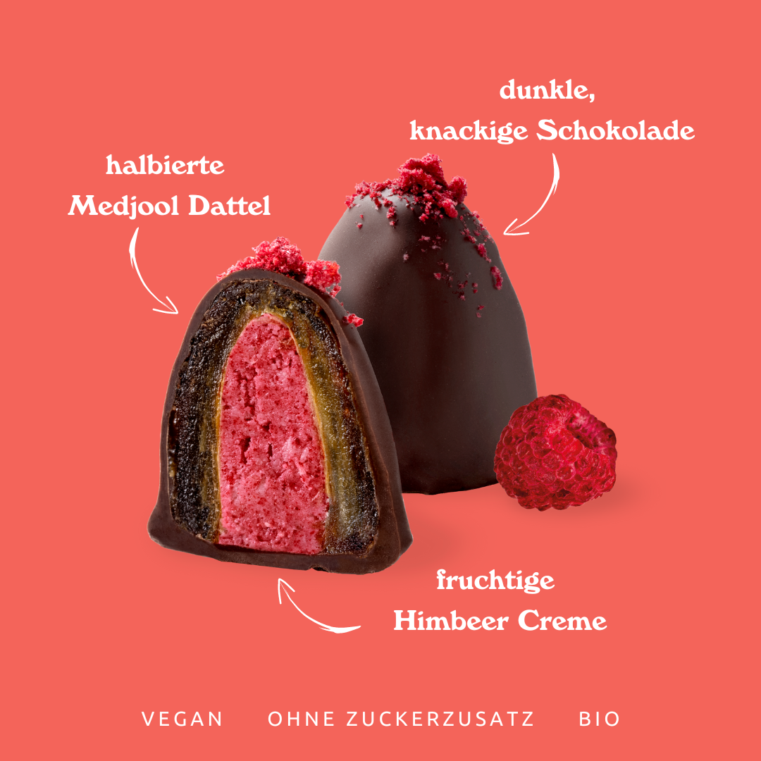 Das ist in unserer Raspberry Cream Dattelpraline: Medjool Dattel, dunkle Schokolade, Himbeer-Creme