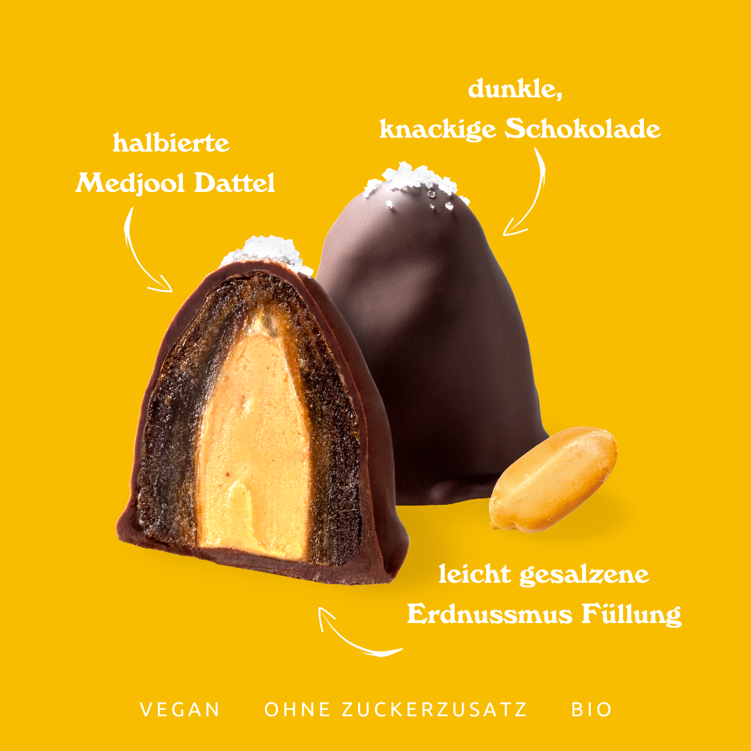 Das ist in unserer Salted Peanut Dattelpraline: Medjool Dattel, dunkle Schokolade, leicht gesalzene Erdnussmusfüllung.