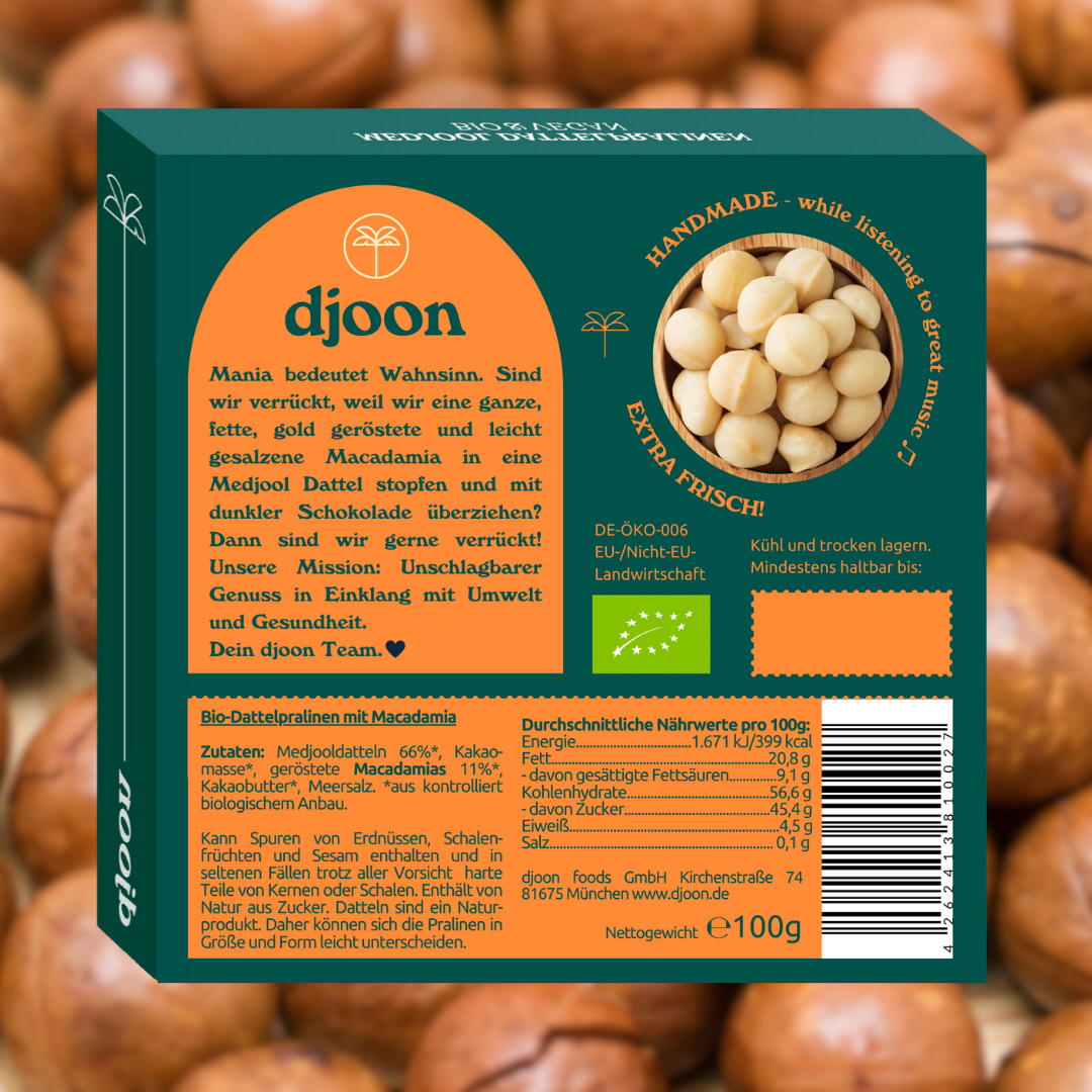 Dattelpralinen: Macadamia Mania (Bio) Schachtel Rückseite