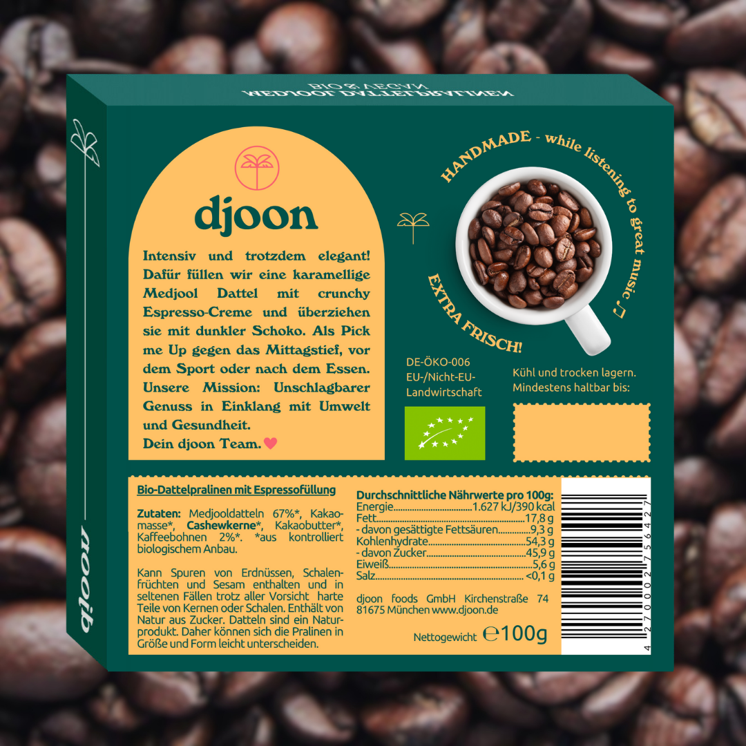 Dattelpralinen: Espresso Crunch (Bio) Rückseite