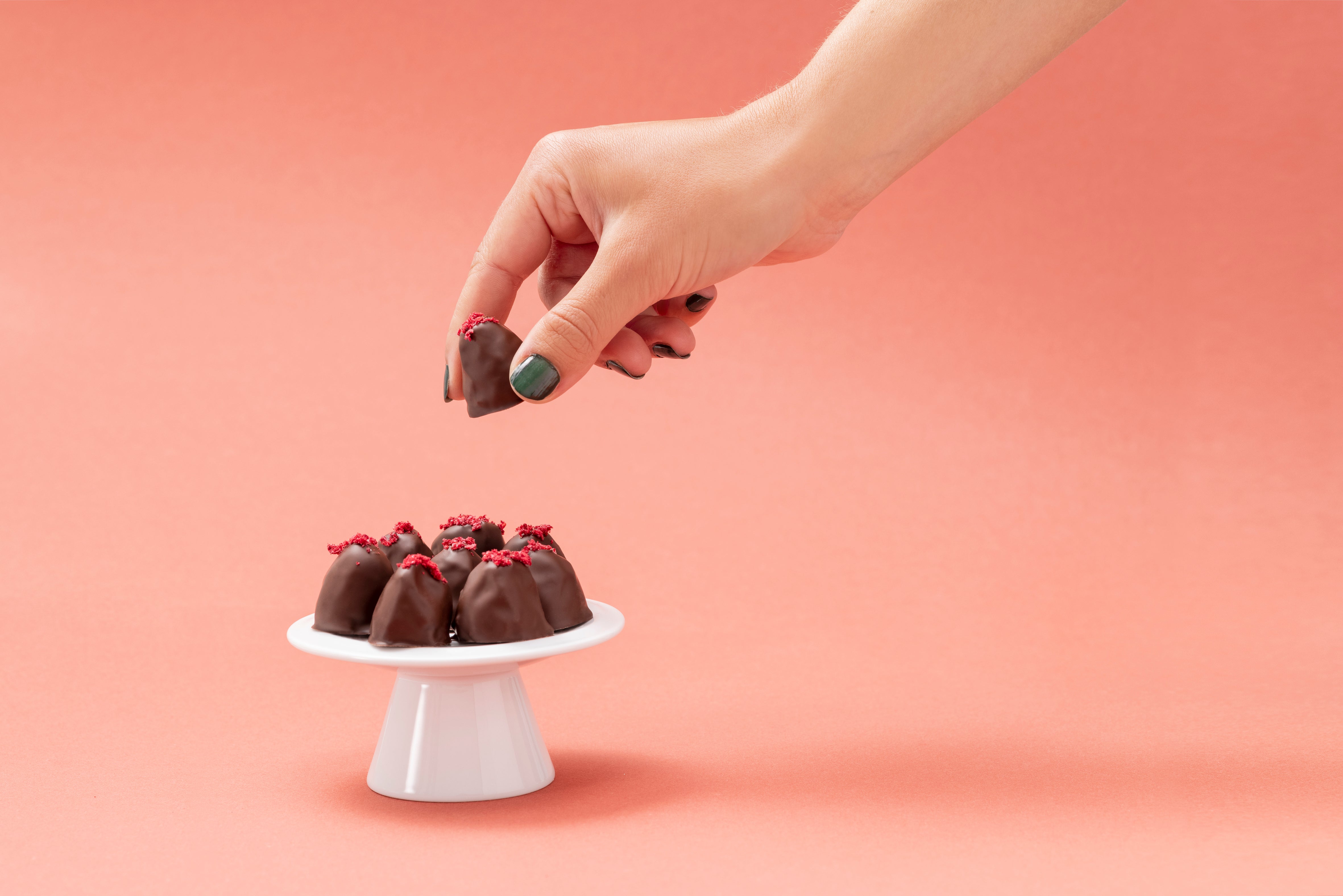 Schale mit Bio Pralinen aus dunkler Schokolade, Medjool Dattel und Füllung aus Nuss oder Frucht. Bio, vegan und zuckerfrei.