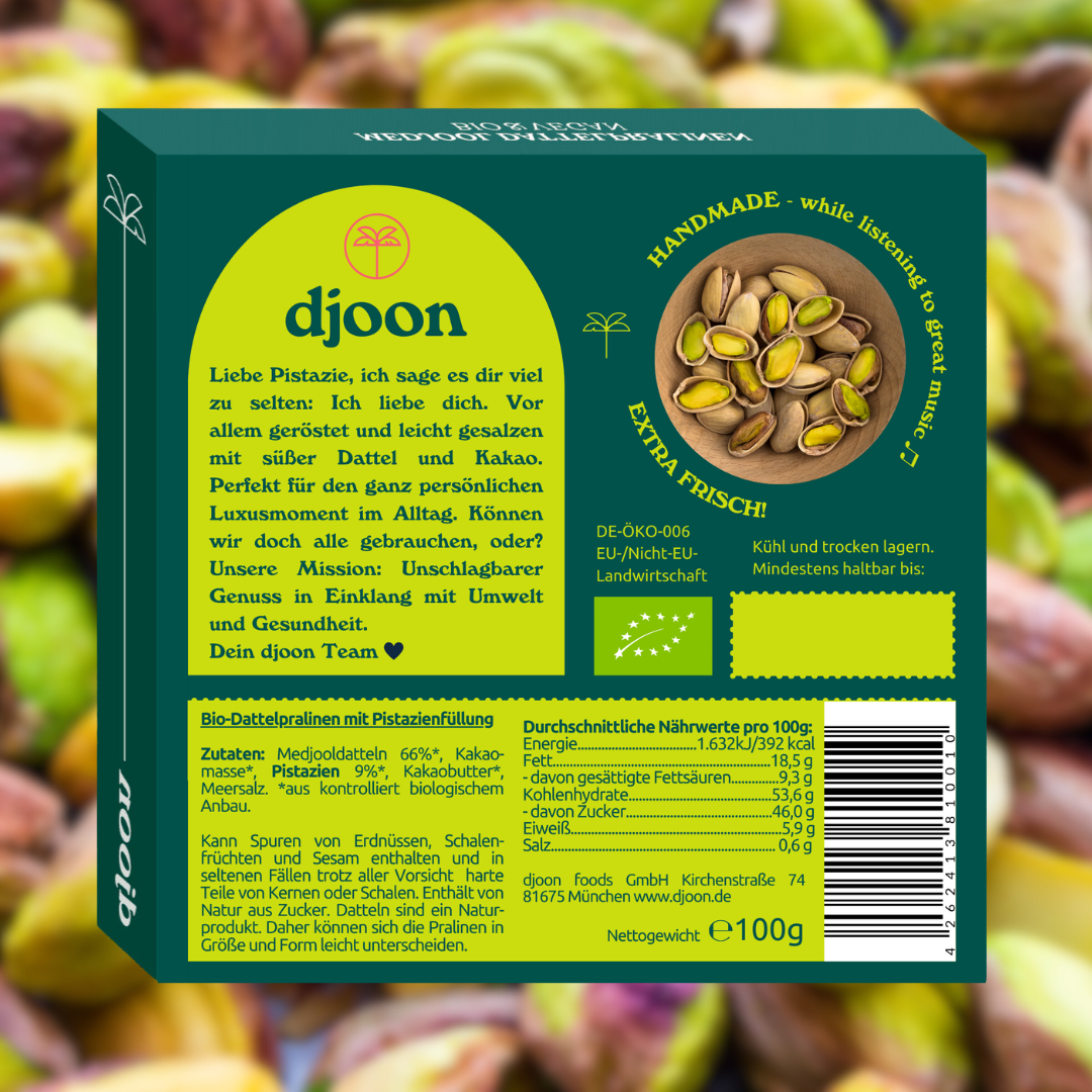Dattelpralinen: Bomba di Pistacchio Rücksetie Schachtel