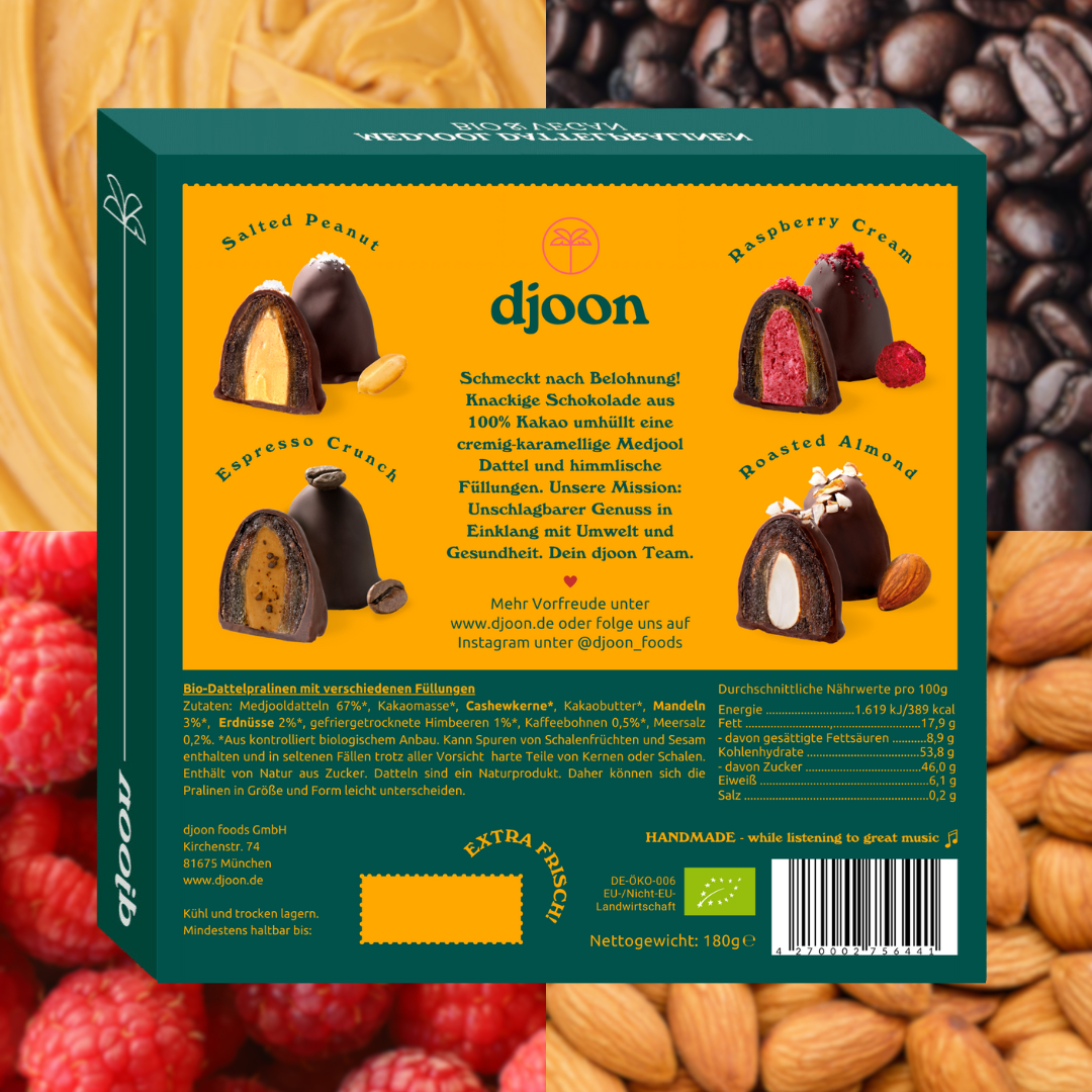 Dattelpralinen: Mixpack (Bio) Schachtel Rückseite