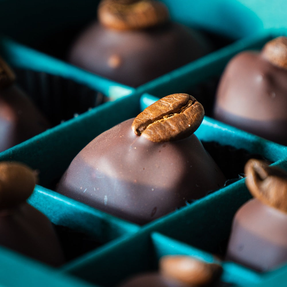 Kaffee Praline mit Schokolade und gerösteter Kaffeebohne als Crunch