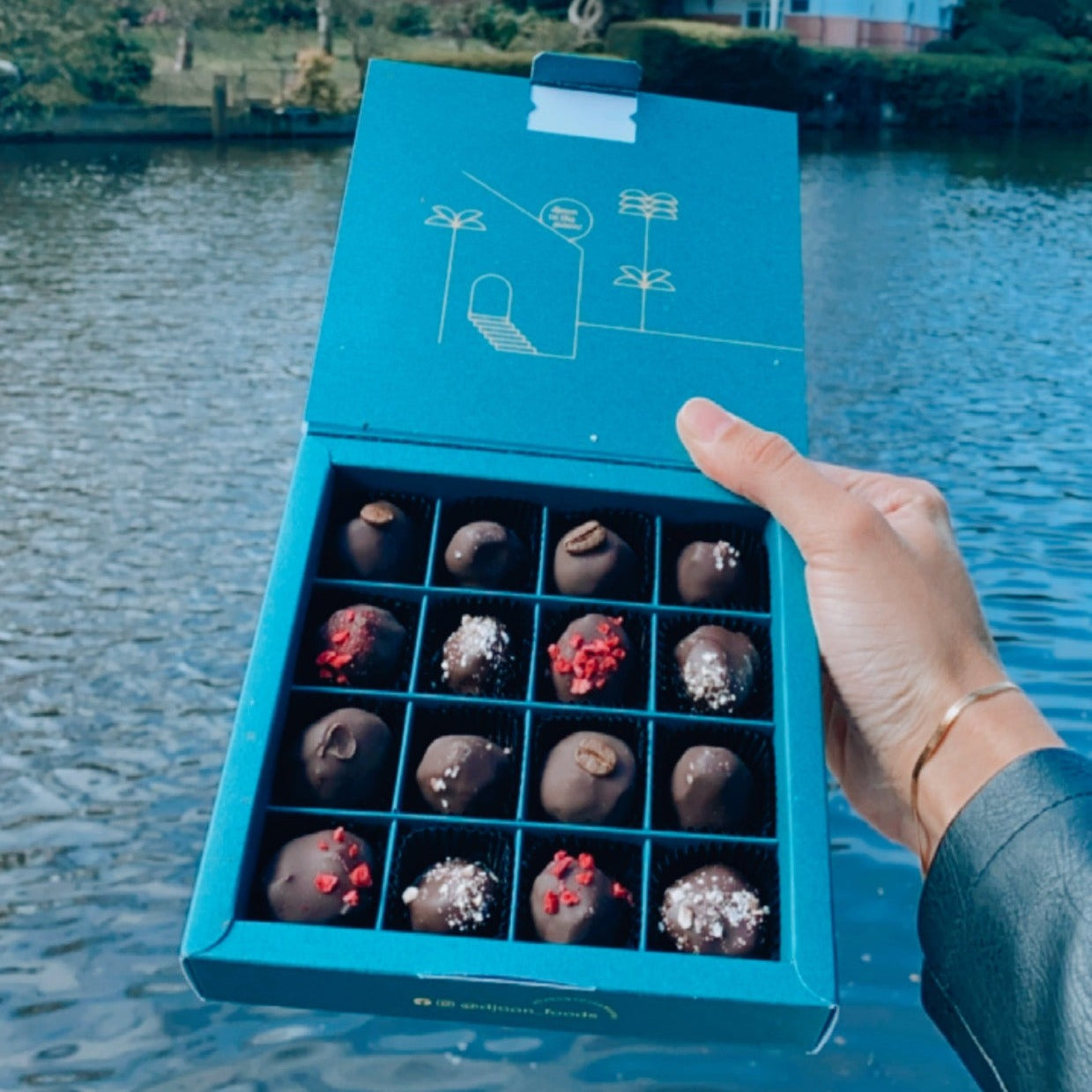 Offene Packung vegane und gesunde Pralinen mit fruchtig und nussigen Füllungen an einem Fluss.