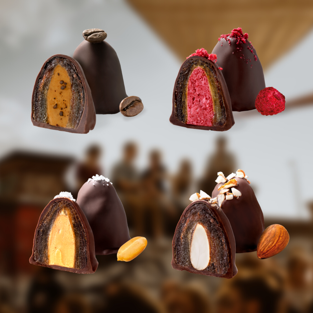 Querschnitt der vier luxuriös und bio Pralinensorten mit ihren hochwertigen Zutaten