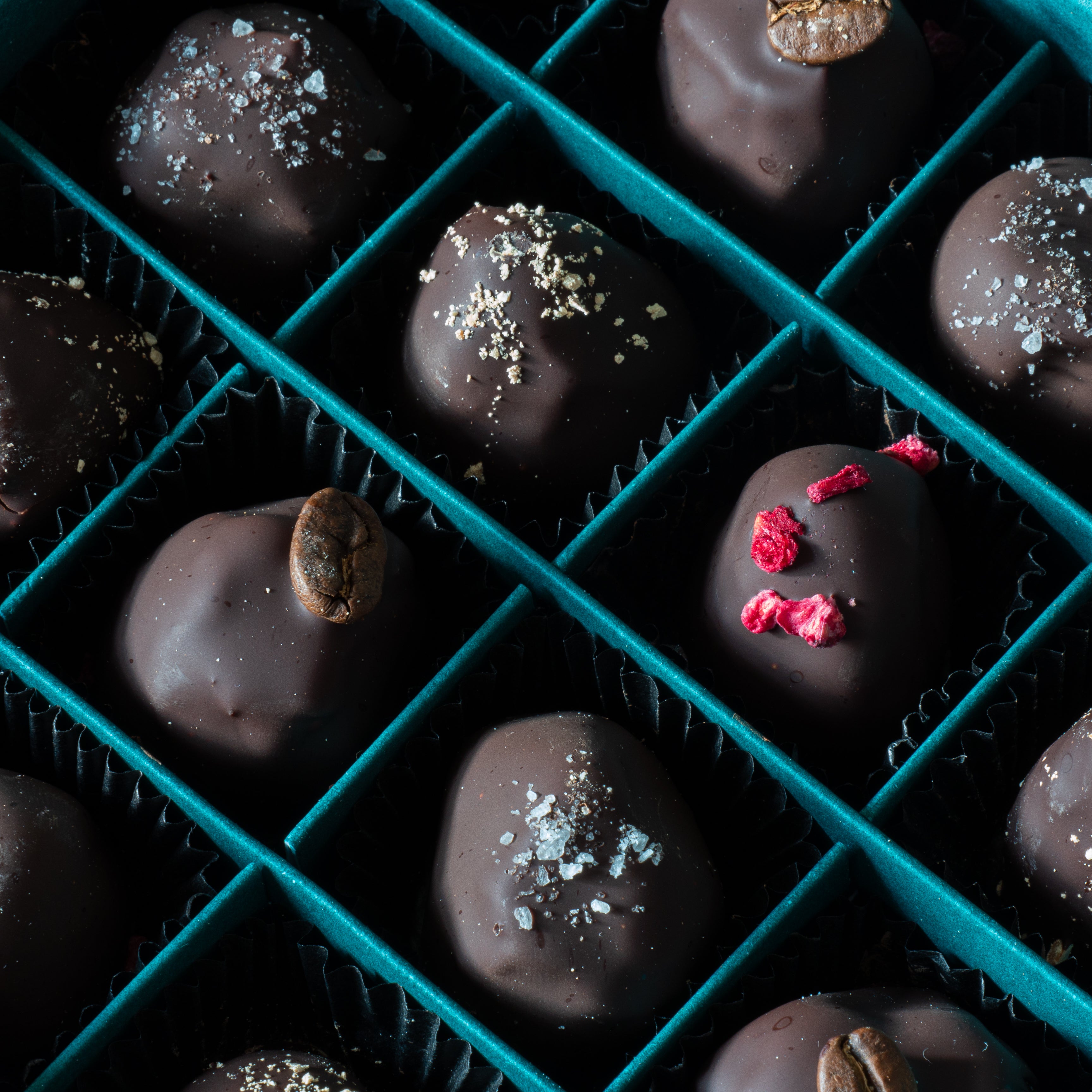 Nahaufnahme der veganen und mit Schokoladen überzogenen Pralinen mit bunten Toppings zum Crunch