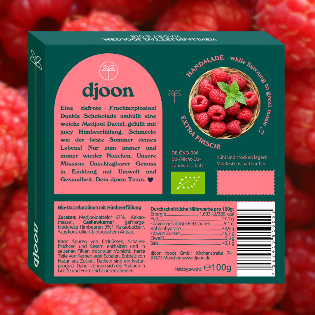 Dattelpralinen: Raspberry Cream (Bio) Schachtel Rückseite