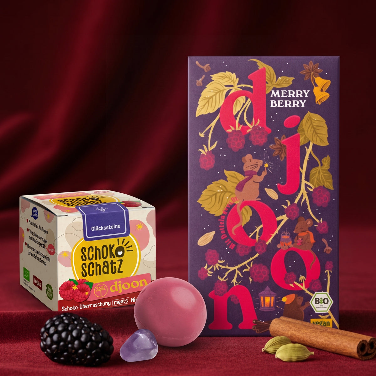GRATIS Dattelschokolade: Merry Berry + Schoko Schatz (Bio)