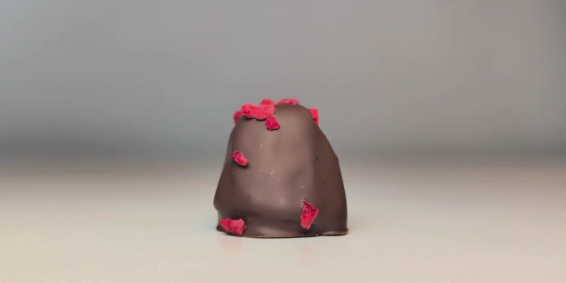 Das Innenleben der djoon Dattelpraline mit Himbeerfüllung zeigt Genussmoment pur