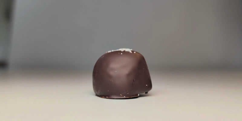 Der Anschnitt der Macadamia Mania Dattelpraline von djoon zeigt eine ganze Macadamia im Inneren der halbierten Medjool Dattel