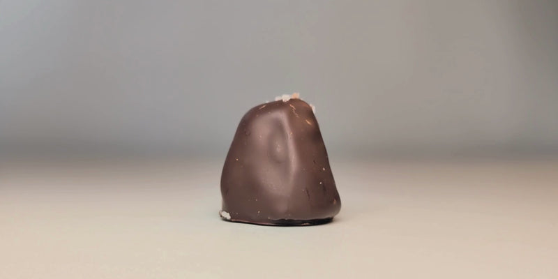 Du siehst die Salted Peanut Praline vom djoon im Anschnitt und wie die cremige, leicht gesalzene Füllung auf Medjool Dattel und dunkle Schokolade trifft